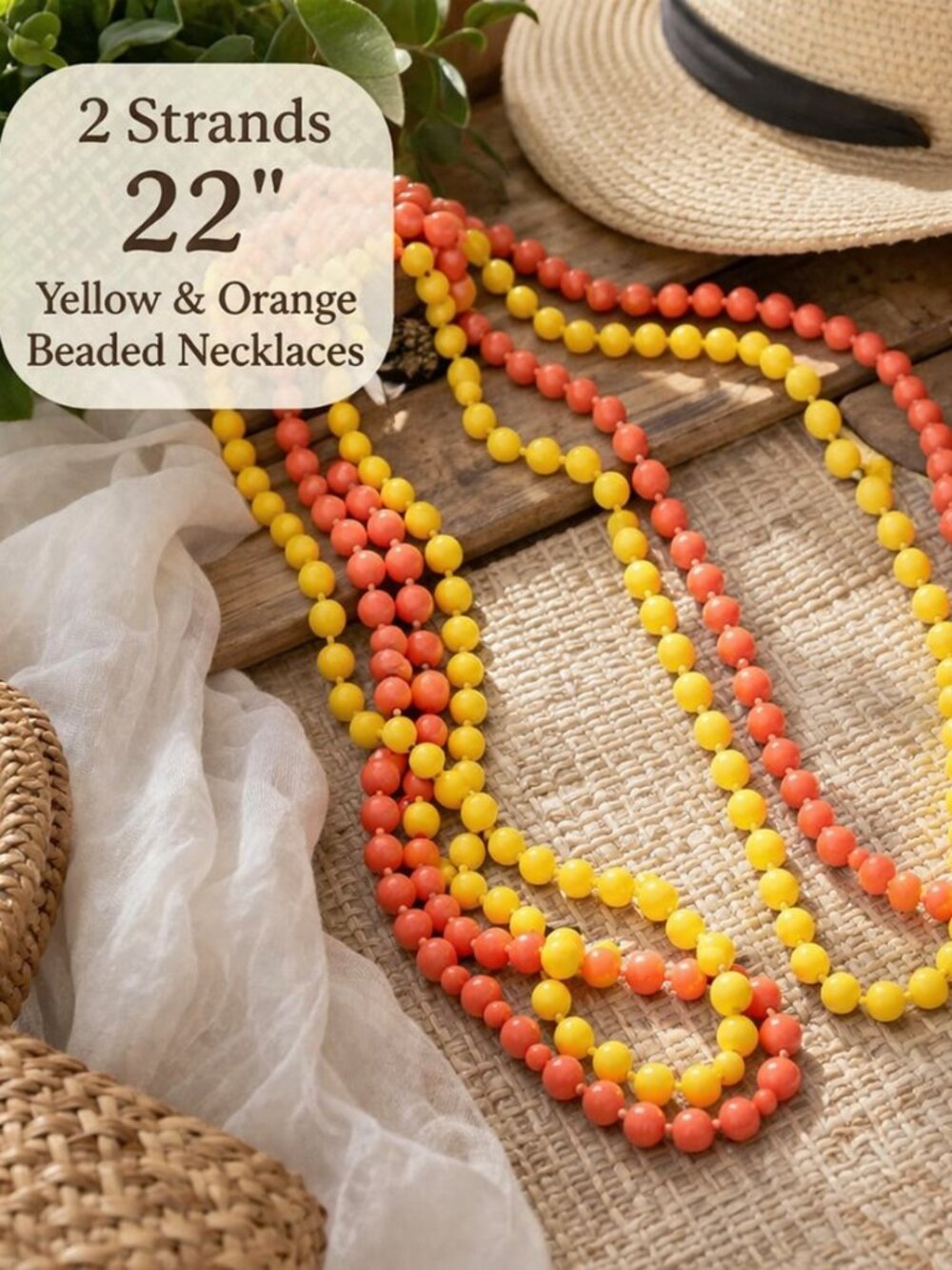Bundle of Two Orange & Yellow Beaded 22" Casual Necklaces